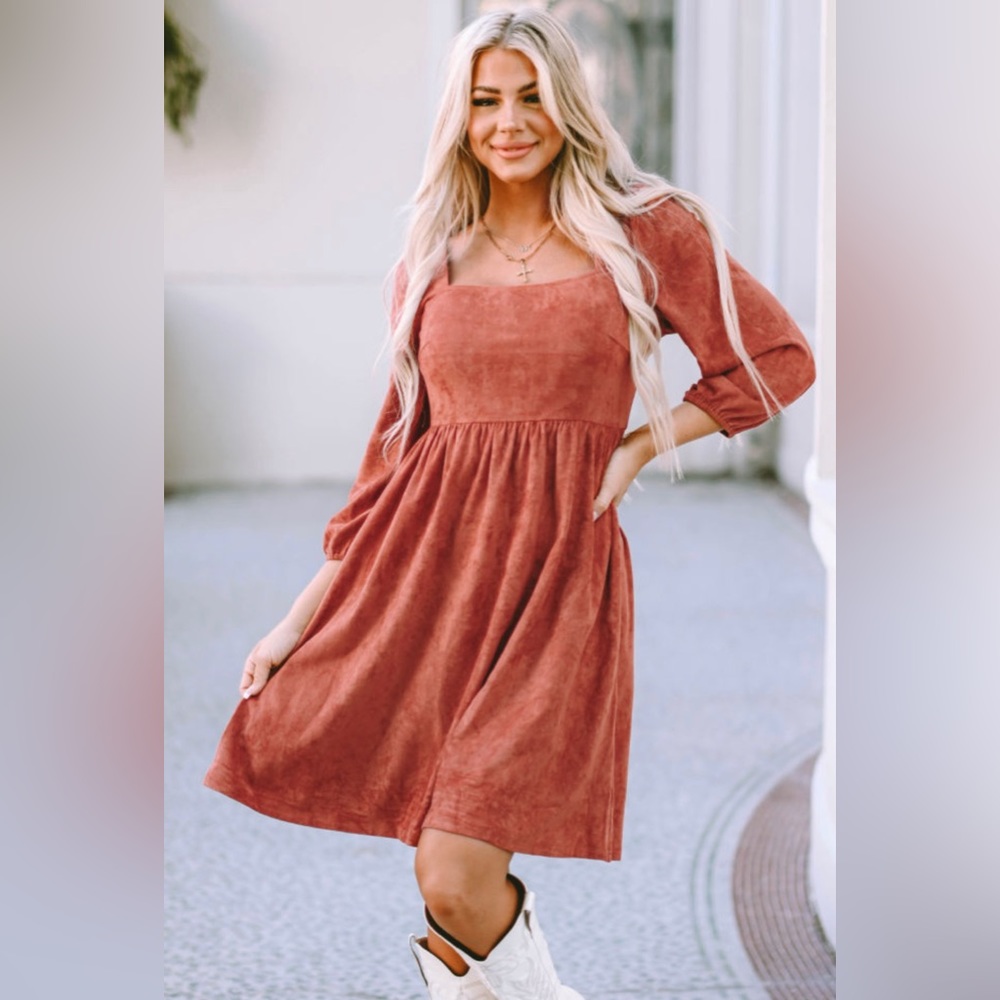 NWOT Unbranded Burnt Orange Suede Like Material Puff Sleeve Dress size large